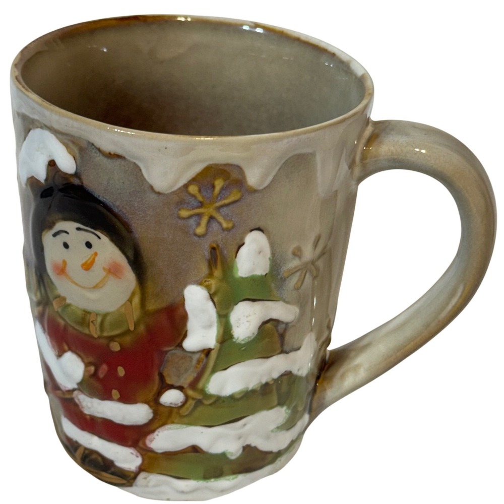 Snowman Embossed Coffee Mug - Ceramic Holiday Winter Tan